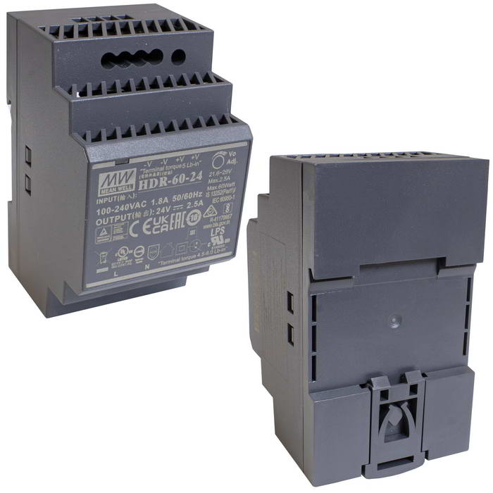 HDR-60-24-MW, Блок питания AC-DC, 60Вт, вход 85...264 В AC 47...63Гц/120...370В DC, выход  24В/2.5А, изоляция 3000В AC, в кожухе на DIN-рейку, 52.5х90х54.5мм, -30...+70°С