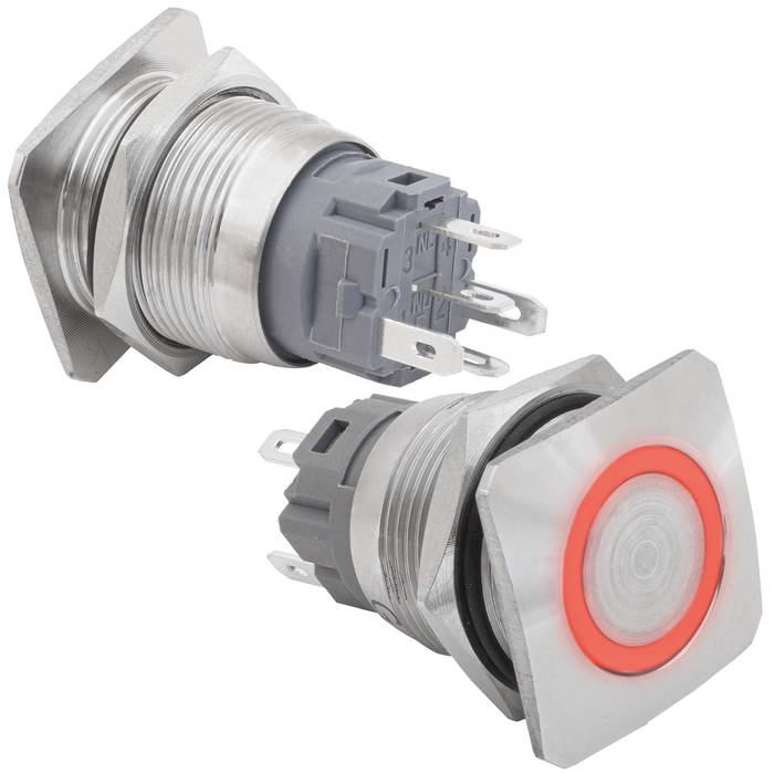 Кнопка антивандальная RUICHI GQ19E-10E/R/N off-(on), рабочая температура -25…+55 °C,       никелированная латунь, красная, с квадратной фаской
