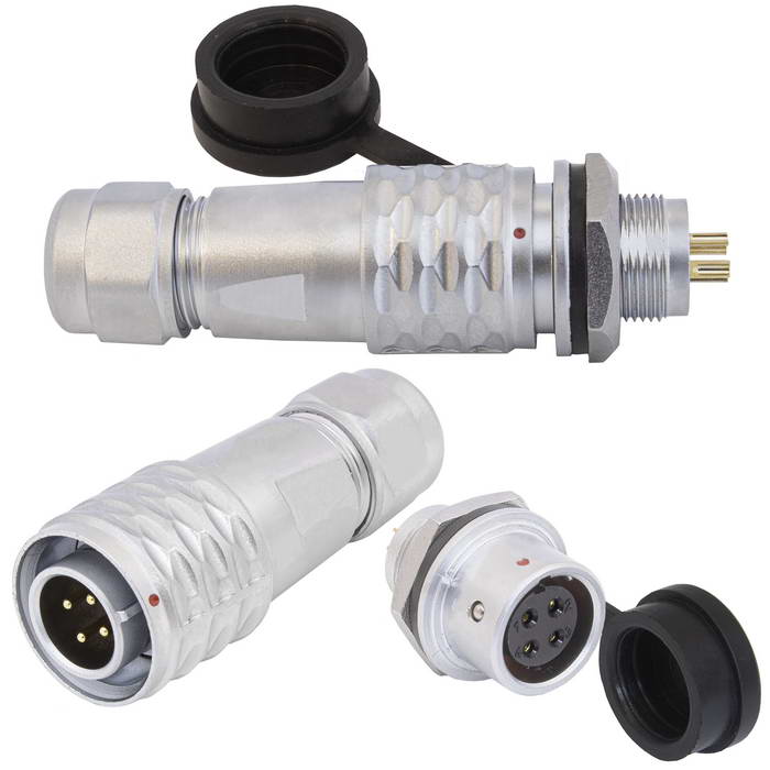 Комплект быстросъемного разъема push-pull кабель-блок RUICHI SR1212/MF4P, 4-х    контактный, диаметр кабеля 4-6 мм, 10 А, 250 В, IP67, -55…+85°С, корпус хромированная  латунь