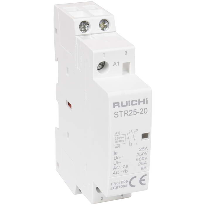 Модульный электронный контактор RUICHI STR25-20 2NO 25А 230В катушка, 500В, AC-7a/AC- 7b, DIN-рейка 35 мм, IP20