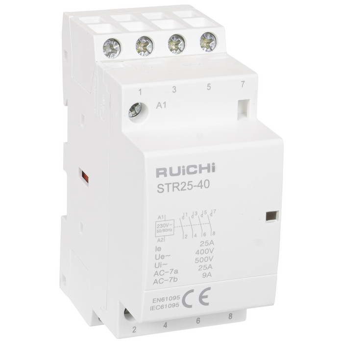 Модульный электронный контактор RUICHI STR25-40 4NO 25А 230В катушка, 500В, AC-7a/AC-  7b, DIN-рейка 35 мм, IP20