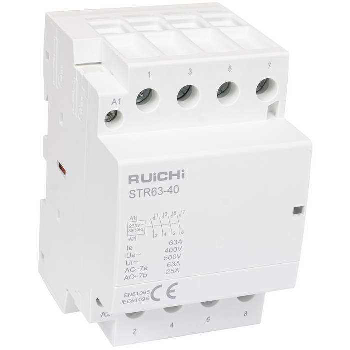 Модульный электронный контактор RUICHI STR63-40 4NO 63А 230В катушка, 500В, AC-7a/AC-    7b, DIN-рейка 35 мм, IP20