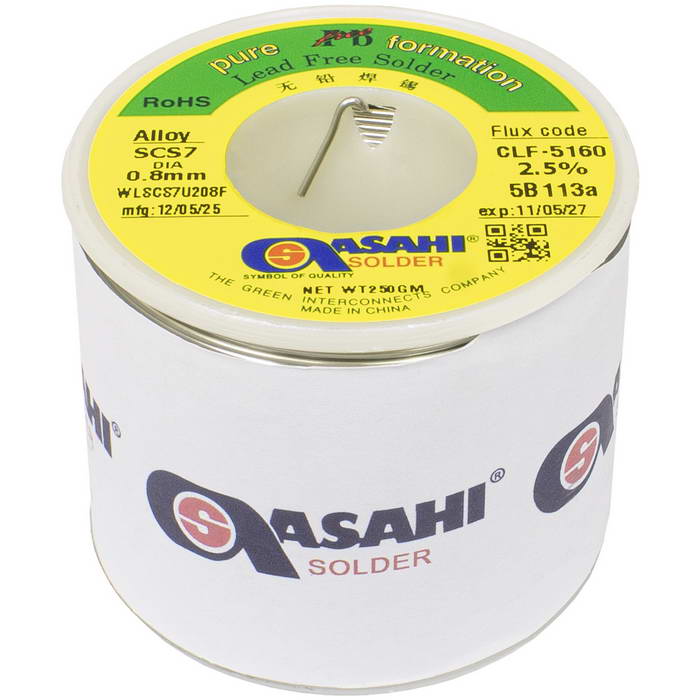 Припой Asahi SCS7 CLF5160, бессвинцовый, No Clean Core Wire, Sn/Cu0.7/Si, диаметр 0.8мм,  катушка 250г