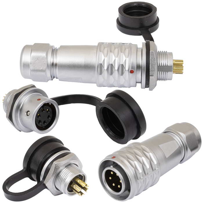 Комплект быстросъемного разъема push-pull кабель-блок RUICHI SR12-12/MF6P, 6-ти контактный, диаметр кабеля   4-6.5 мм, 5 А, IP67, -20…+85°С, корпус хромированная латунь
