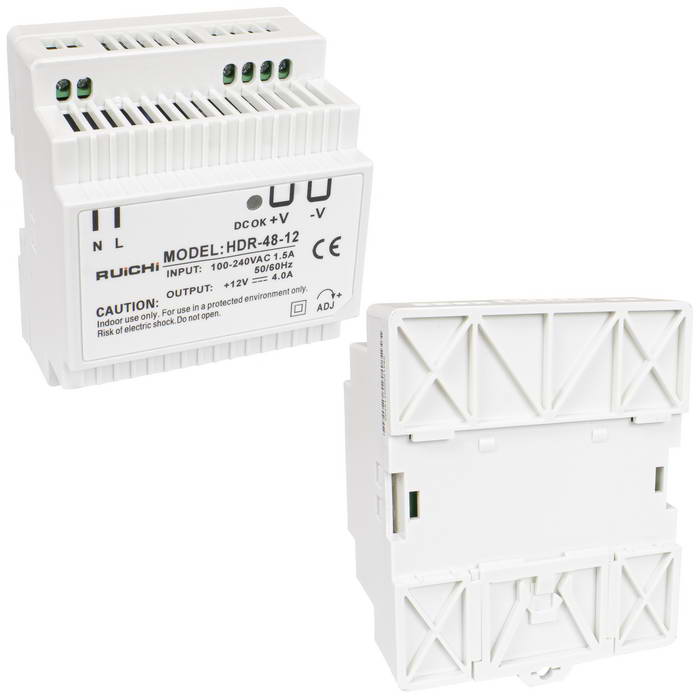 Блок питания на DIN-рейку RUICHI HDR-48-12, 85-266 В (АС) 4 А, 12 В, пластиковый корпус