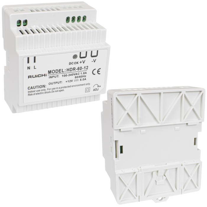 Блок питания на DIN-рейку RUICHI HDR-60-12, 85-266 В (АС) 5 А, 12 В, пластиковый корпус