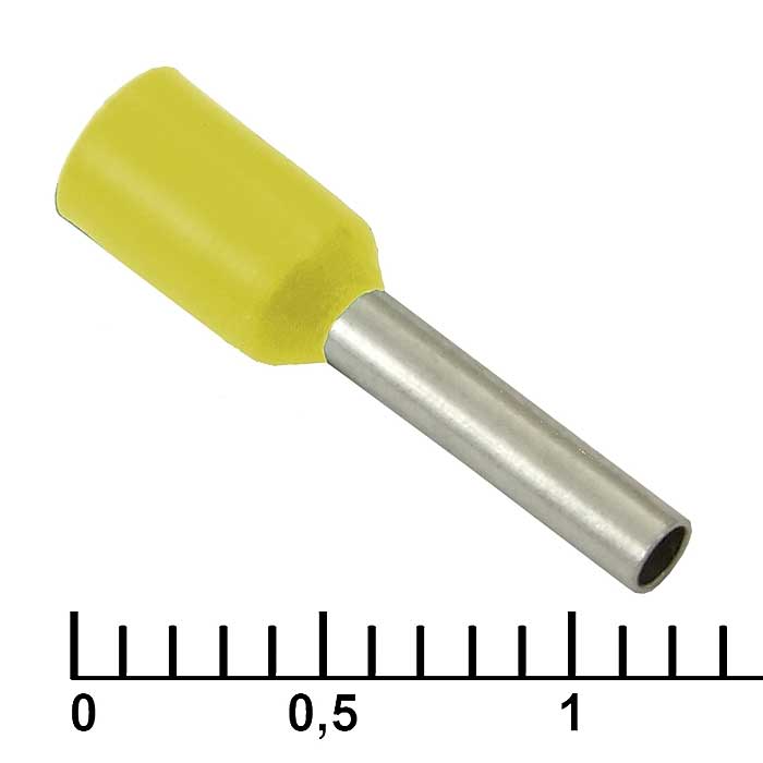 Наконечник на кабель втулочный (трубчатый) изолированный RUICHI DN01008, 18 AWG, 1 мм2, длина 14 мм, контакт луженая медь, изолятор винил/нейлон, цвет желтый
