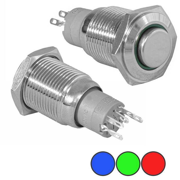 Кнопка антивандальная с подсветкой RUICHI LAS2-GQH-11ZE/B on-on, М16, IP40,   никелированная латунь