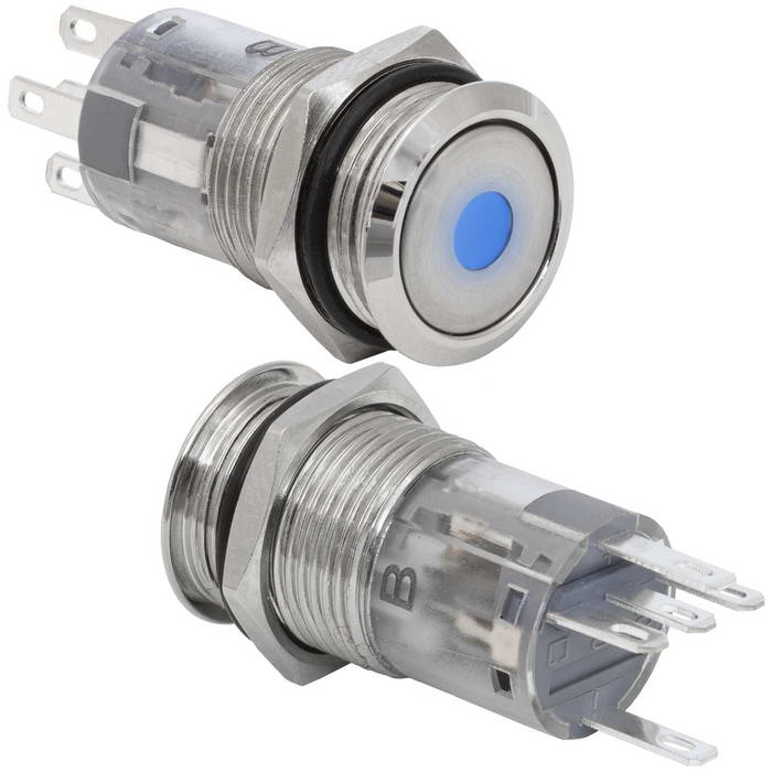 Кнопка антивандальная с подсветкой RUICHI LAS2-GQF-11ZD/B on-on, М16, IP65,   никелированная латунь