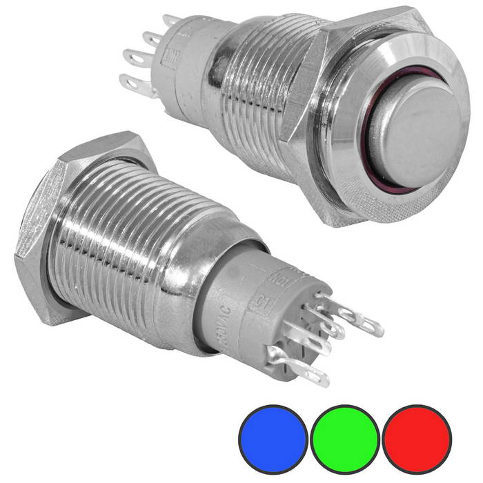 Кнопка антивандальная с подсветкой RUICHI LAS2-GQH-11E/Y on-(on), М16, IP40, никелированная латунь