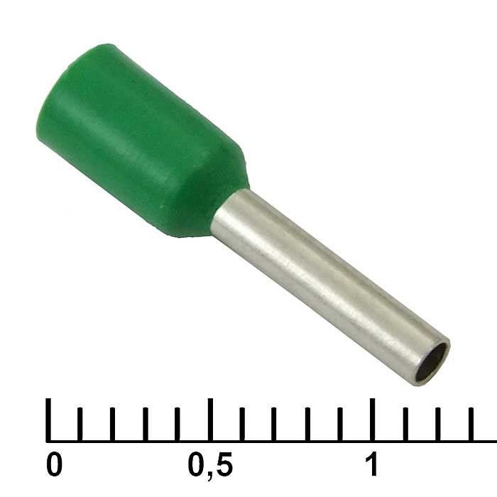 Наконечник на кабель втулочный (трубчатый) изолированный RUICHI DN01008, 18 AWG, 1 мм2, длина 14 мм, контакт луженая медь, изолятор винил/нейлон, цвет зеленый
